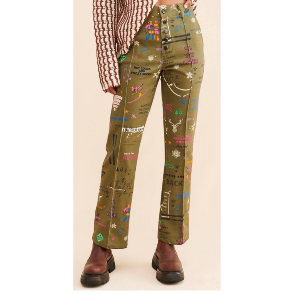 Free People Viagallo Naomi Apres Ski Graphic Khaki Pants Size 6